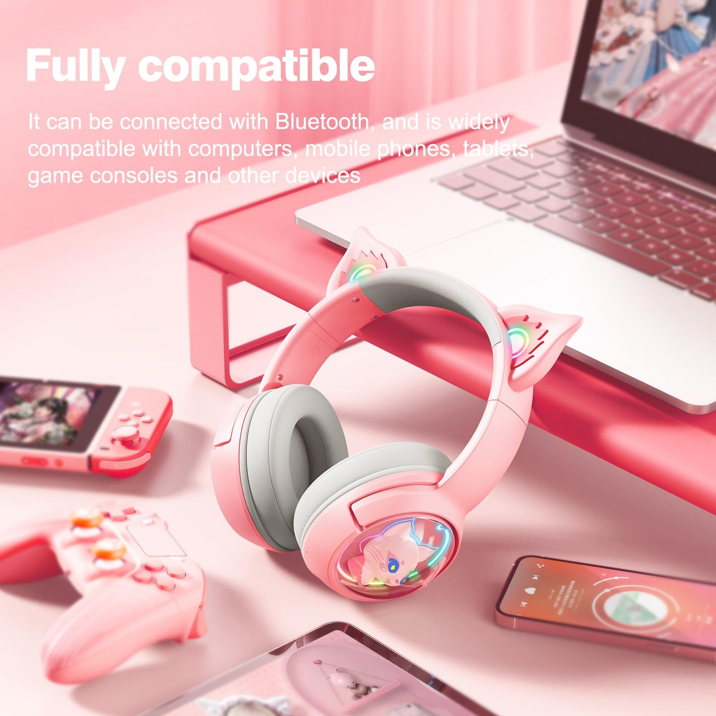PHNIXGAM Cute Cat Bluetooth Headphones, Wireless/Wired, RGB LED Light, For Kids & Adults, Pink, Model B5