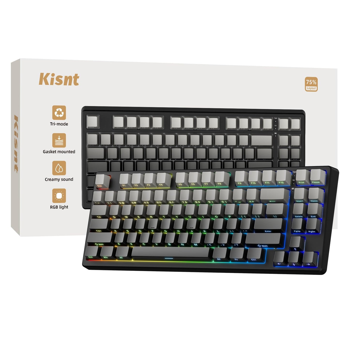 Kisnt Wireless Mechanical Keyboard, 75% Gasket Mounted, Bluetooth/USB-C, RGB Backlit, Hot Swappable, Gradient Gray, Model KN85