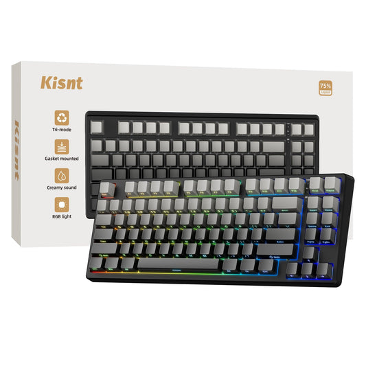 Kisnt Wireless Mechanical Keyboard, 75% Gasket Mounted, Bluetooth/USB-C, RGB Backlit, Hot Swappable, Gradient Gray, Model KN85