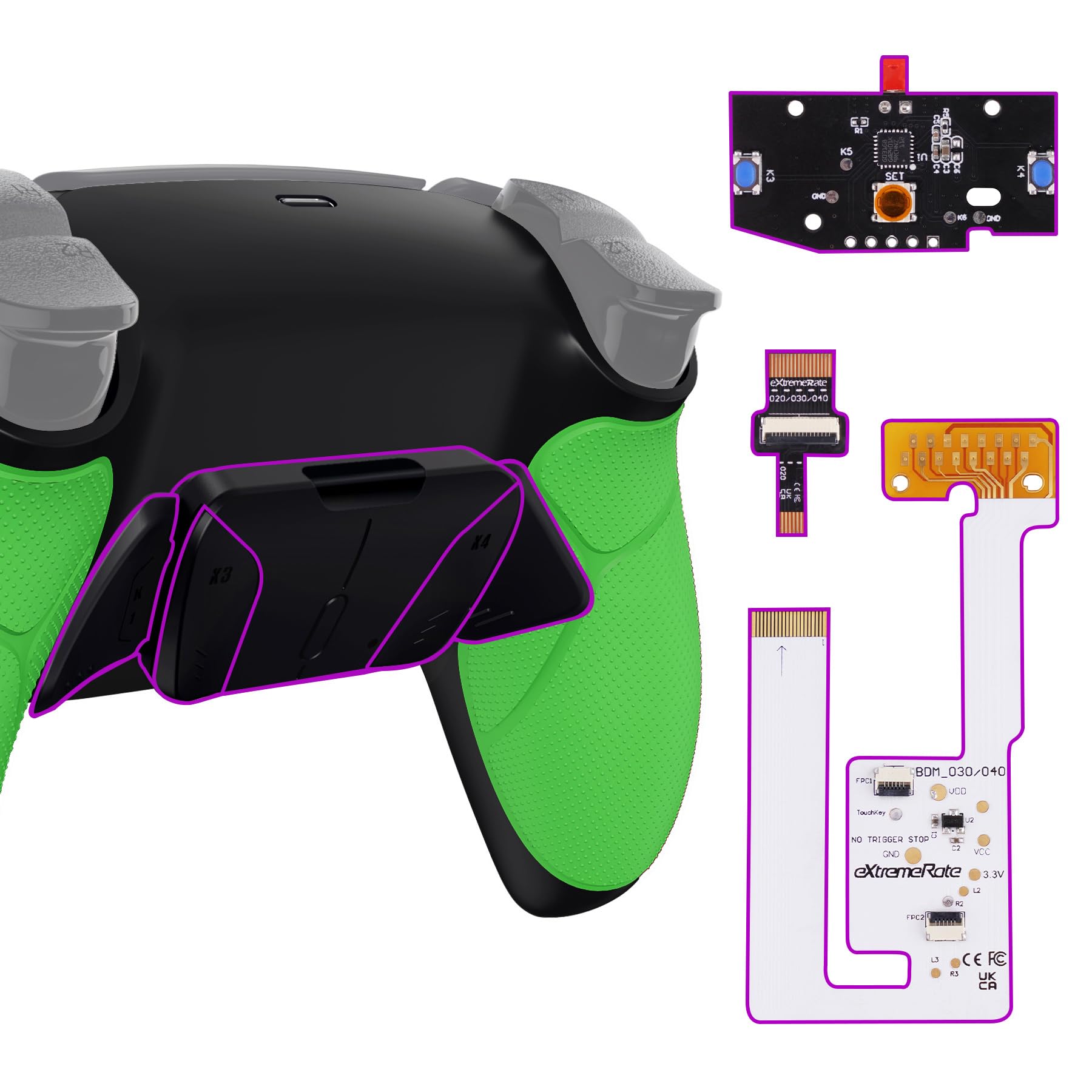 eXtremeRate Green Rubberized Grip Programable RISE4 V3 Remap Kit for PS5 Controller BDM-030 040 050  Upgrade Board Black Redesigned Bottom Shell 4 Back Buttons Set for PS5 Controller