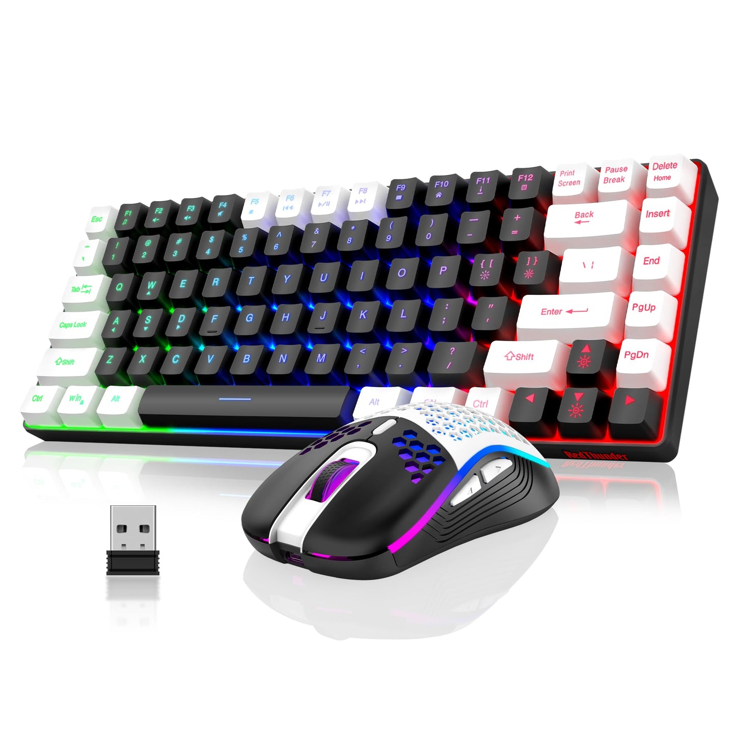 RedThunder K84 Wireless Gaming Keyboard & Mouse Combo, 75% TKL, Rainbow Backlit, Rechargeable, Black-White