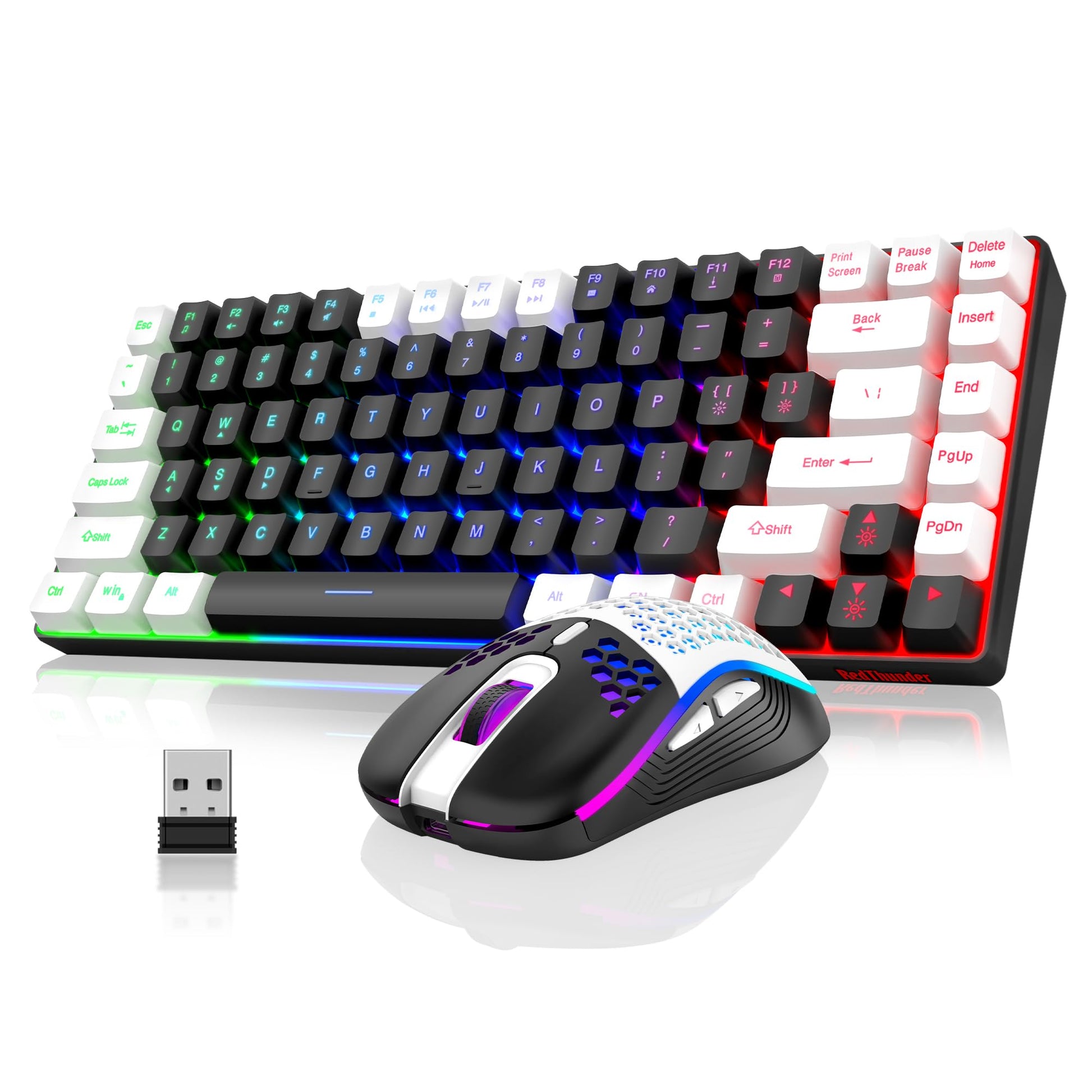 RedThunder K84 Wireless Gaming Keyboard & Mouse Combo, 75% TKL, Rainbow Backlit, Rechargeable, Black-White