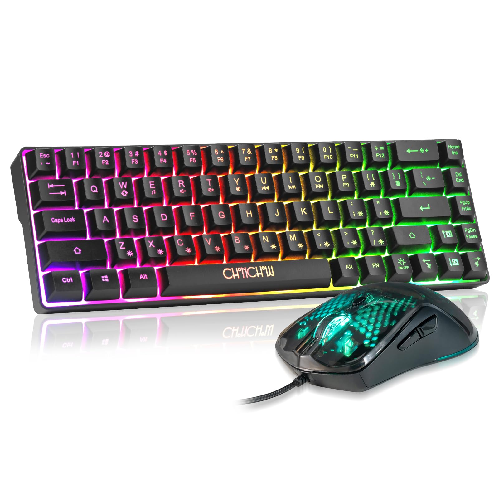 CHONCHOW 60% Gaming Keyboard and Mouse Combo  68 Keys Wired LED RGB Backlit Black Keyboard  RGB Mouse  Small Light-Up for PC Xbox PS4 Gamers and Work (Black)