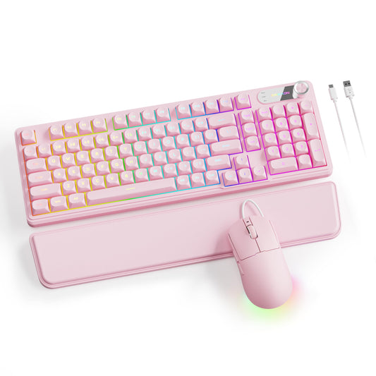 EWEADN C98 Wired Keyboard and Mouse Combo  Wired Computer Keyboards with Wrist Palm  Double-Shot Keycaps  Silent RGB Backlit Keyboard for Windows/MAC/PC (Pink)
