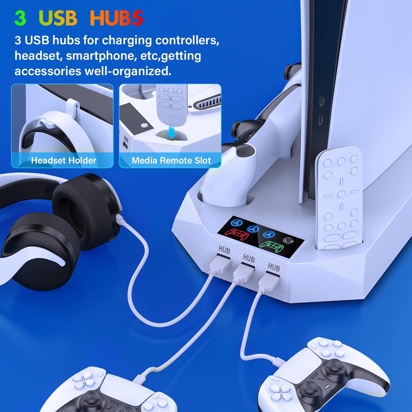 JAVRUNWOF PS5 Cooling Station & Controller Charger - White, Includes Fan, 3 USB Hubs, Headset Holder, Compatible with PS5 Slim/Pro