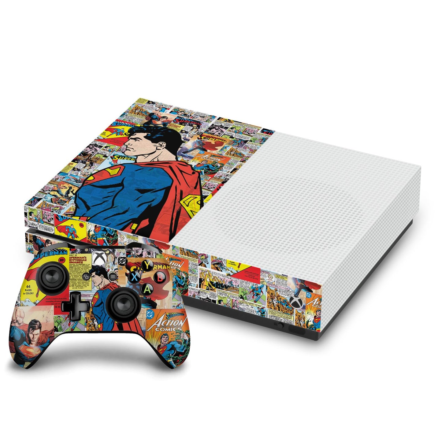 Head Case Designs Officially Licensed Superman DC Comics Character Collage Logos And Comic Book Vinyl Sticker Gaming Skin Decal Cover Compatible With Xbox One S Console and Controller Bundle