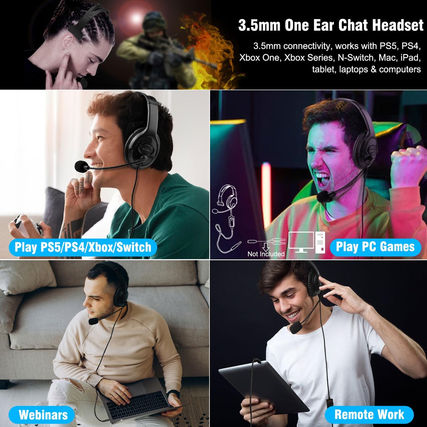 Joso Wired One Ear Headset with Mic, Flexible Mic, Black, Model CO25-1 - Compatible with PS5/PS4/Xbox/Switch/PC/iPad/Mac