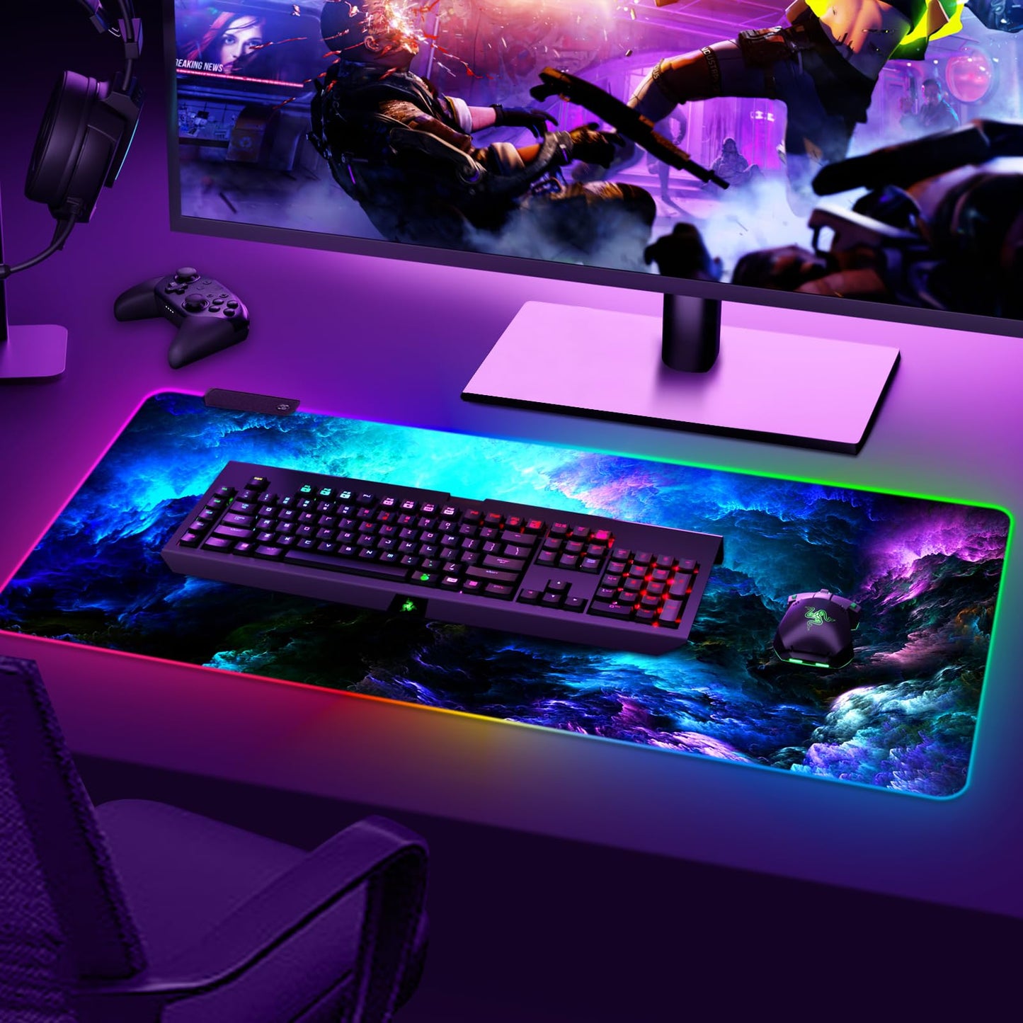 ARTSO RGB Gaming Mouse Pad XXL 35.4x15.7 inch, 14 Lighting Modes, Non-Slip Rubber Base, Fantasy Nebula Sky