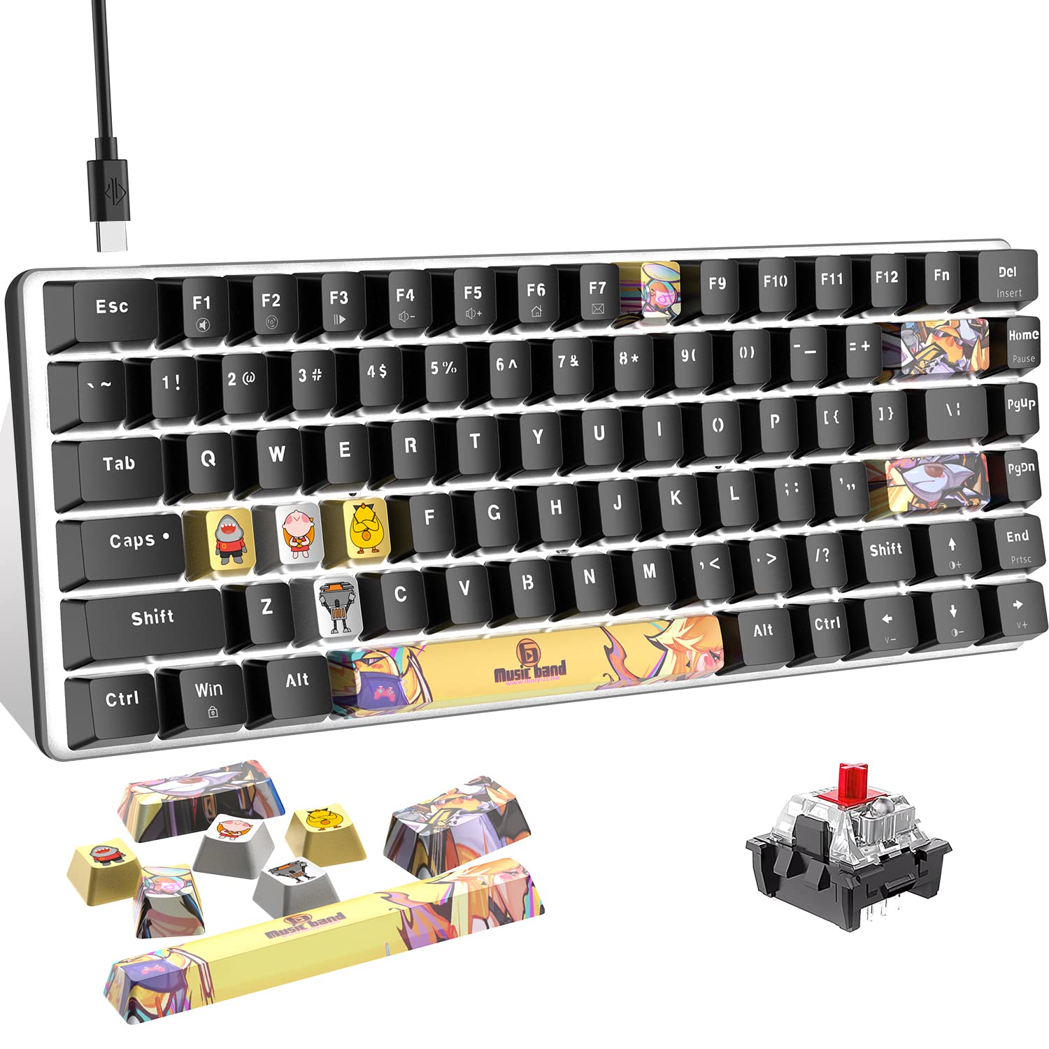 LexonElec AK33 Portable Mechanical Gaming Keyboard, Hot-Swappable 82 Keys, Red Switch, White Backlit, Black PBT Keycaps