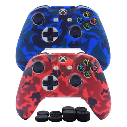 Hikfly Silicone Gel Controller Cover for Xbox One/S/X - 2 Camouflage Covers & 8 Thumb Grip Caps - Blue/Red
