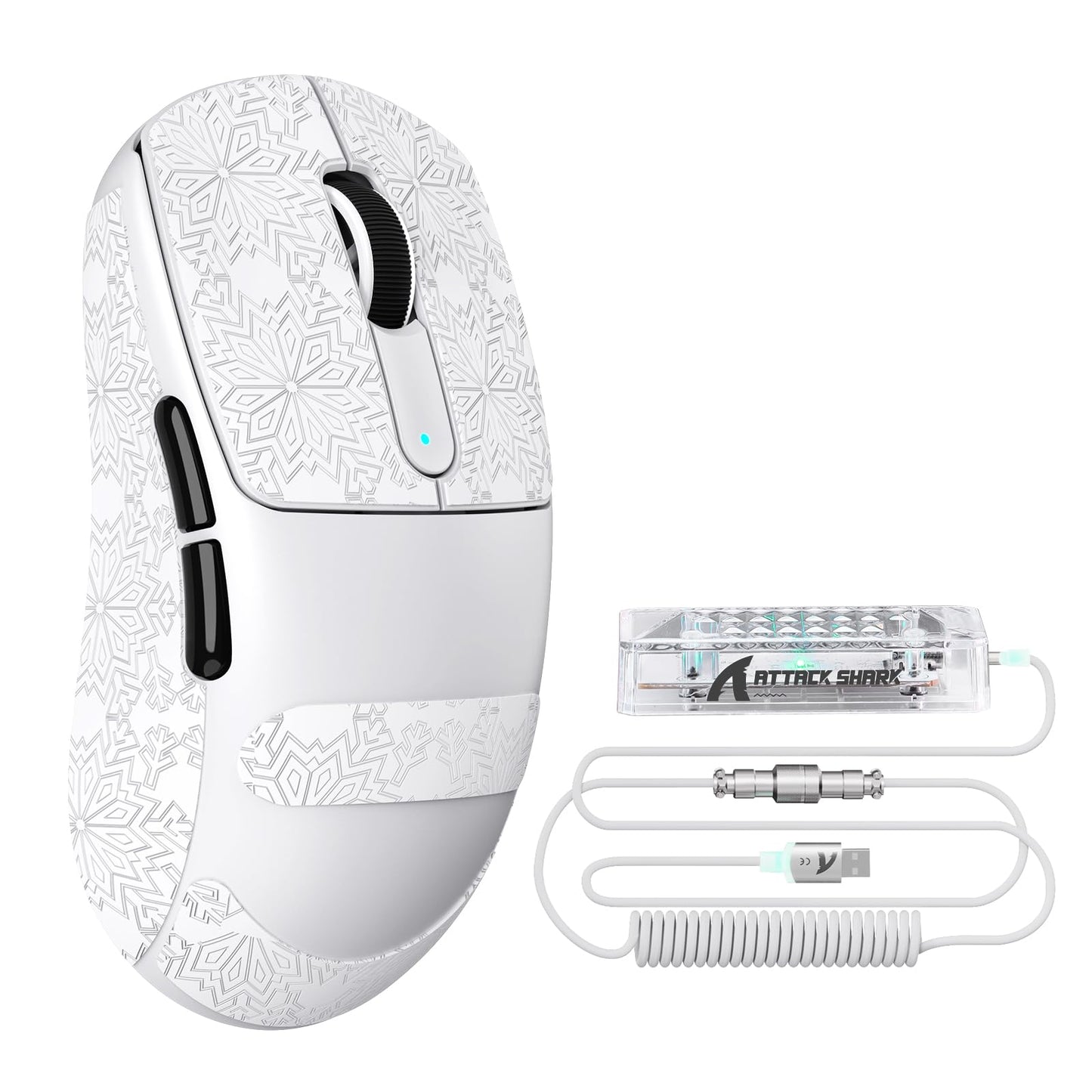 ATTACK SHARK V5 Wireless Gaming Mouse 55g Ultra-Lightweight PAW3950MAX 42K DPI Sensor 8000Hz Polling Rate Tri-Mode-Bluetooth/2.4Ghz/Wired Mice with Coiled Cable for Large Hand-White&Tape