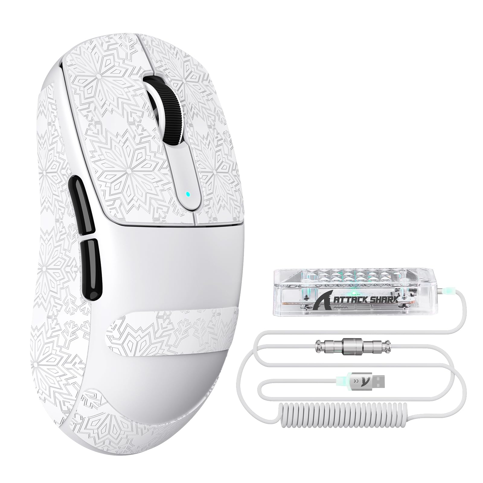 ATTACK SHARK V5 Wireless Gaming Mouse 55g Ultra-Lightweight PAW3950MAX 42K DPI Sensor 8000Hz Polling Rate Tri-Mode-Bluetooth/2.4Ghz/Wired Mice with Coiled Cable for Large Hand-White&Tape