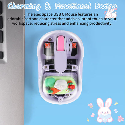 elec Space Wireless USB C Mouse - Bluetooth Triple Mode, Rechargeable, Silent, Portable Design - Purple Cartoon Character