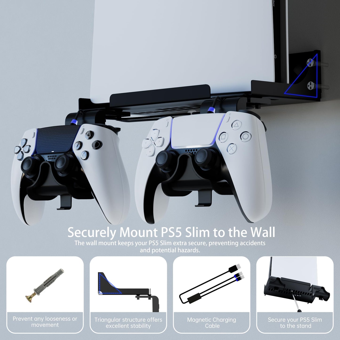 Hosanwell PS5 Slim Wall Mount Kit with Controller Holder & Headphone Mount, Solid Metal, Easy Installation, 9.4*4.7*2.8 in, Black