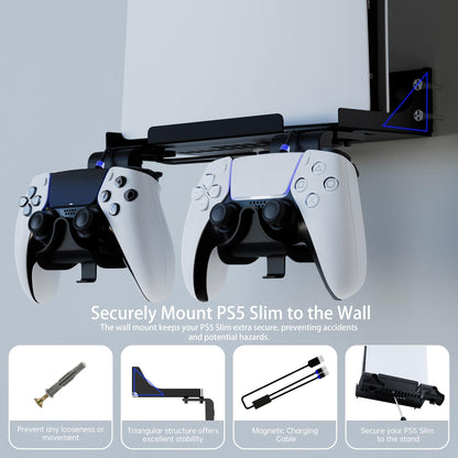 Hosanwell PS5 Slim Wall Mount Kit with Controller Holder & Headphone Mount, Solid Metal, Easy Installation, 9.4*4.7*2.8 in, Black