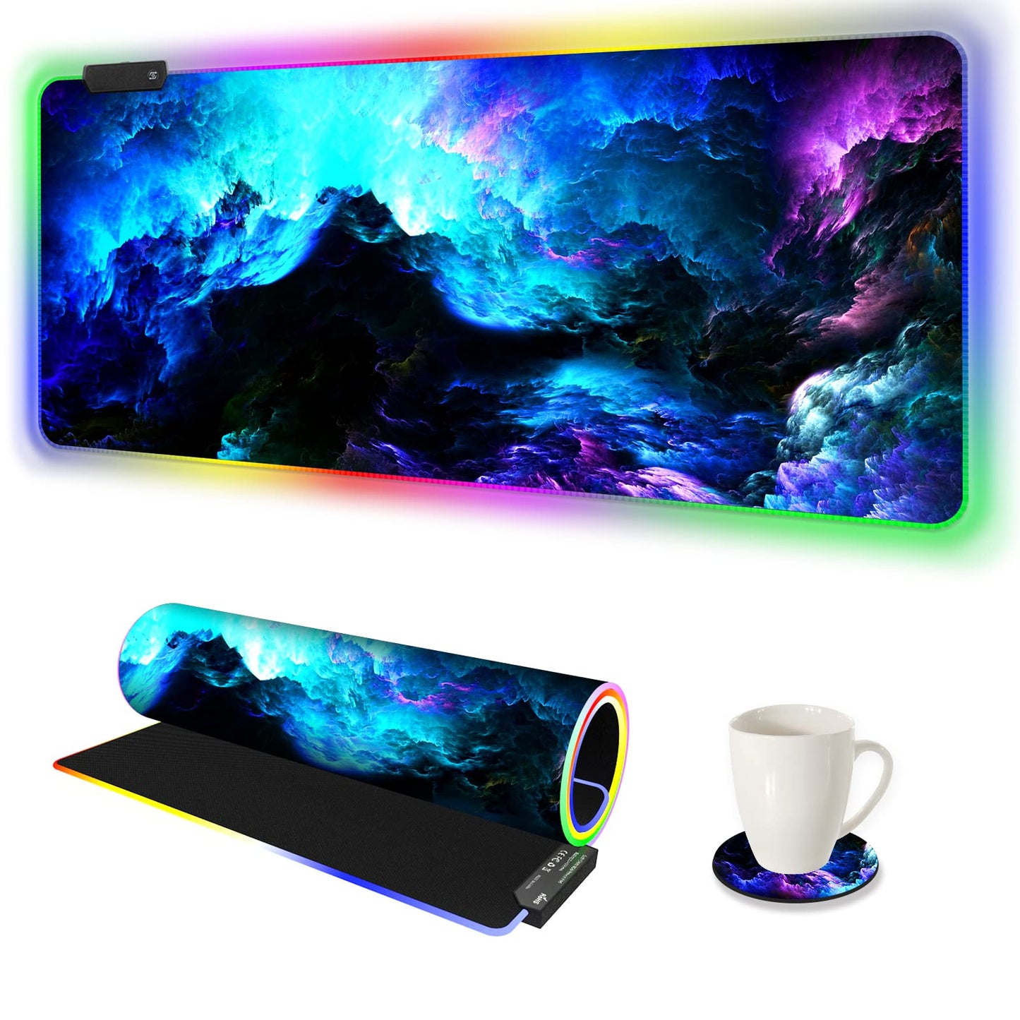 ARTSO RGB Gaming Mouse Pad XXL 35.4x15.7 inch, 14 Lighting Modes, Non-Slip Rubber Base, Fantasy Nebula Sky
