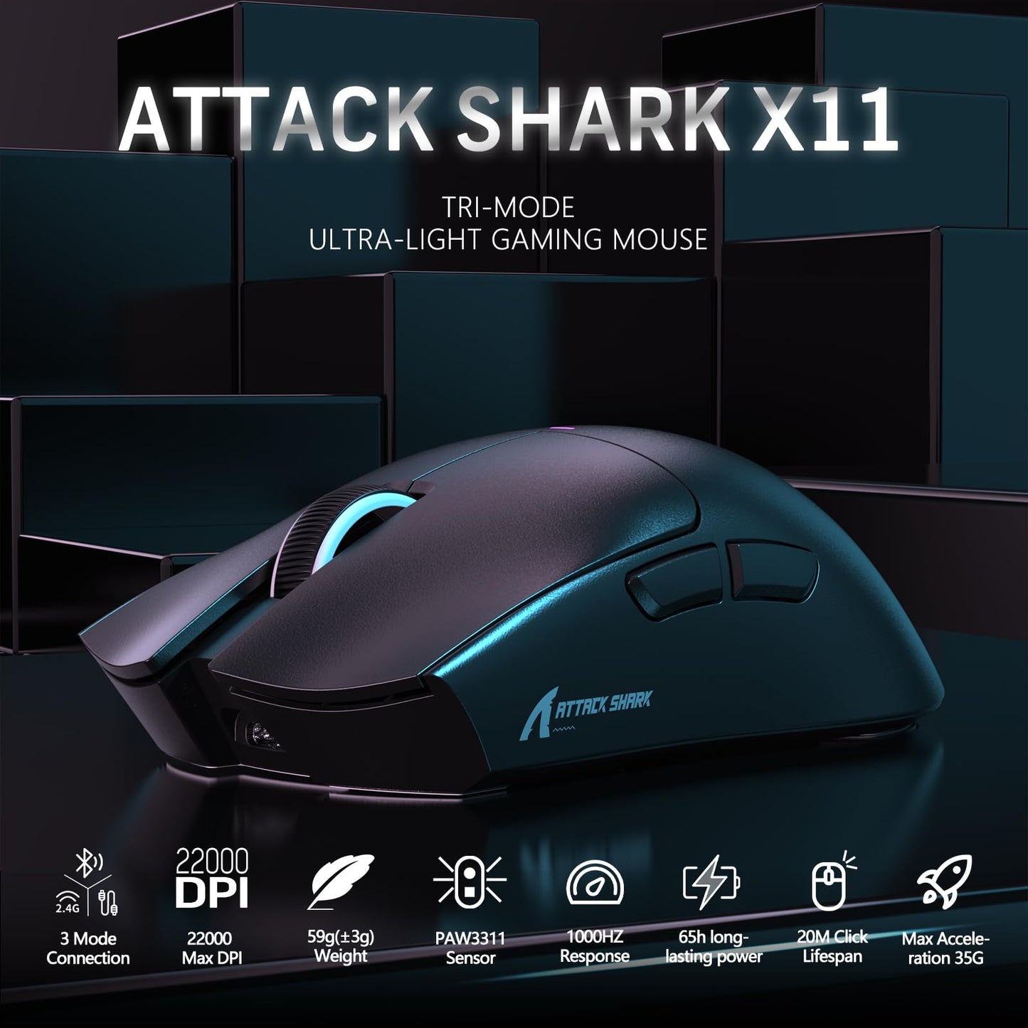 MAGIC-REFINER Attack Shark X11 59g Superlight Wireless Gaming Mouse with Magnetic RGB Charging Dock,BT/2.4G Wireless/Wired Mouse