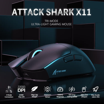 MAGIC-REFINER Attack Shark X11 59g Superlight Wireless Gaming Mouse with Magnetic RGB Charging Dock,BT/2.4G Wireless/Wired Mouse