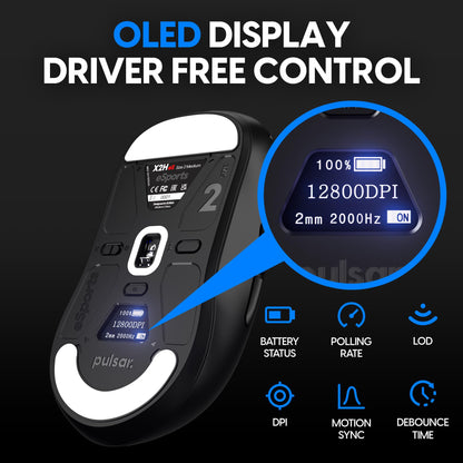 Pulsar Gaming Gears X2H eS Wireless Gaming Mouse, Optical Switch, OLED Display, Medium, Black, Model PX2HES21
