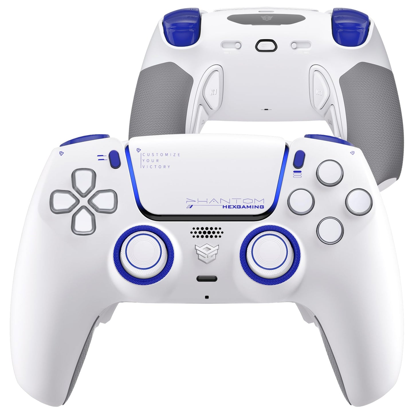 HEXGAMING PHANTOM Pro Gaming Controller with 4 Remappable Buttons  6 Remapping Profiles  8 Interchangeable Analog Stick  and Adjustable Triggers Compatible with ps5  PC  Mobile - Vision White
