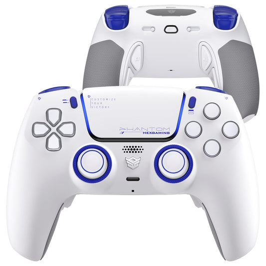 HEXGAMING PHANTOM Pro Gaming Controller with 4 Remappable Buttons  6 Remapping Profiles  8 Interchangeable Analog Stick  and Adjustable Triggers Compatible with ps5  PC  Mobile - Vision White