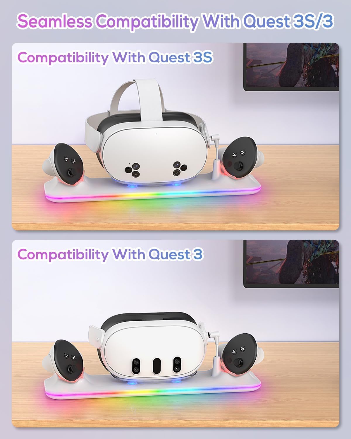 Kinwin Charging Dock for Meta Quest 3/3S - PD 18W Fast Charge Station, RGB Light, Magnetic Stand, Includes 2 Rechargeable Batteries, White