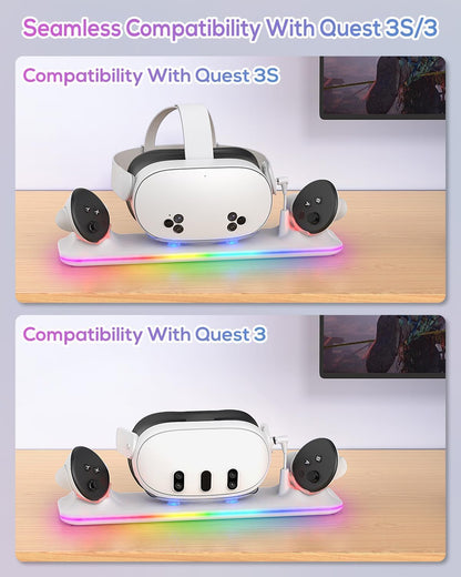 Kinwin Charging Dock for Meta Quest 3/3S - PD 18W Fast Charge Station, RGB Light, Magnetic Stand, Includes 2 Rechargeable Batteries, White