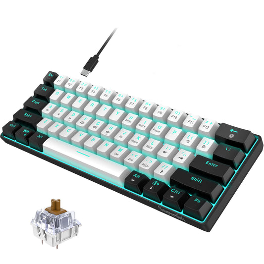 Snpurdiri 60% Wired Mechanical Gaming Keyboard  Ice Blue LED Backlit 61 Keys Mini Wired Office Keyboard for Windows Laptop PC Mac (Black-White  Brown Switches)
