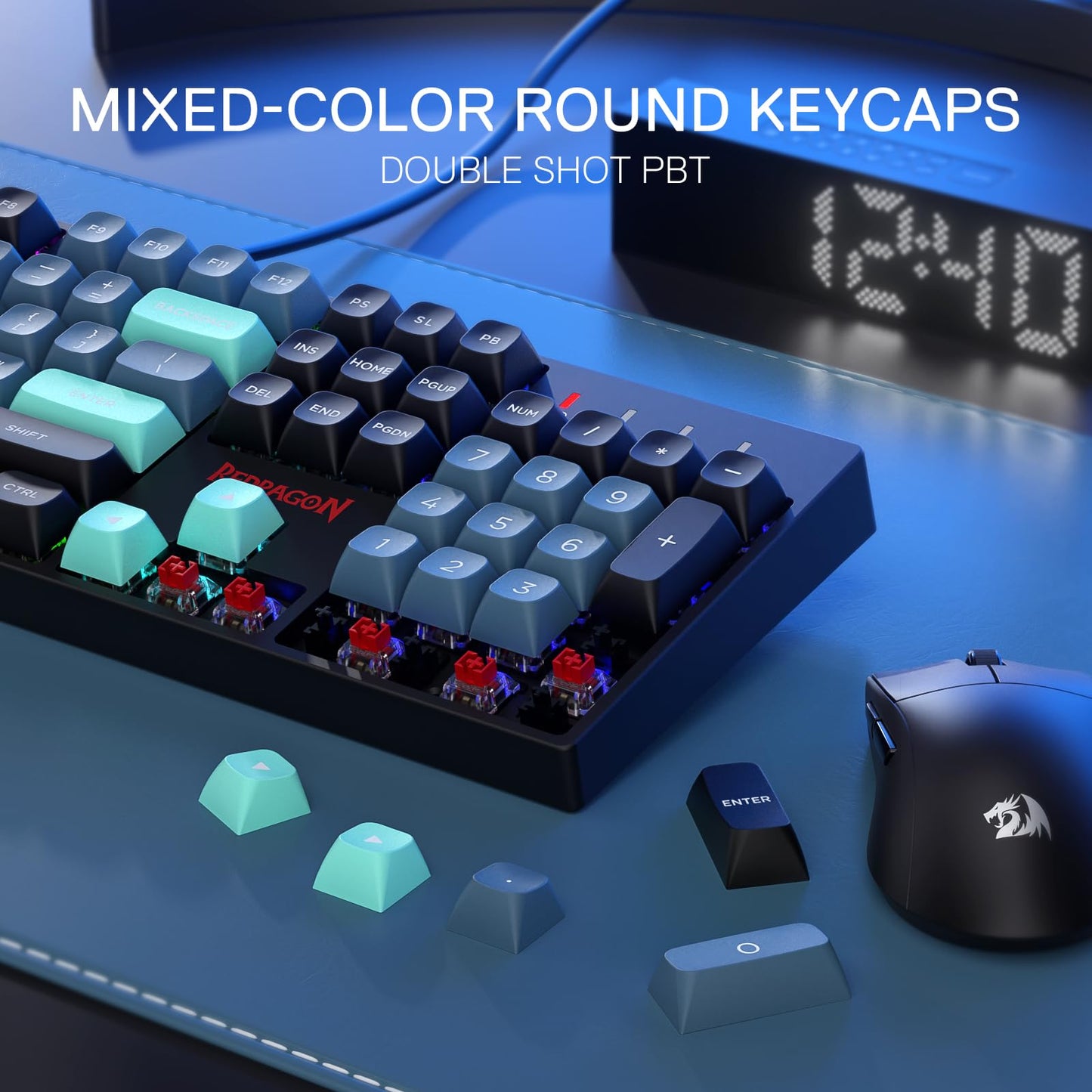 Redragon K582 SE Wired RGB Gaming Keyboard - 104 Keys, Mixed Color Round PBT Keycaps, Dynamic 16.8M RGB, Linear Red Switch, Dark Jade