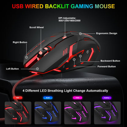 BlueFinger RGB Gaming Keyboard & Backlit Mouse Combo, USB Wired, Black & White