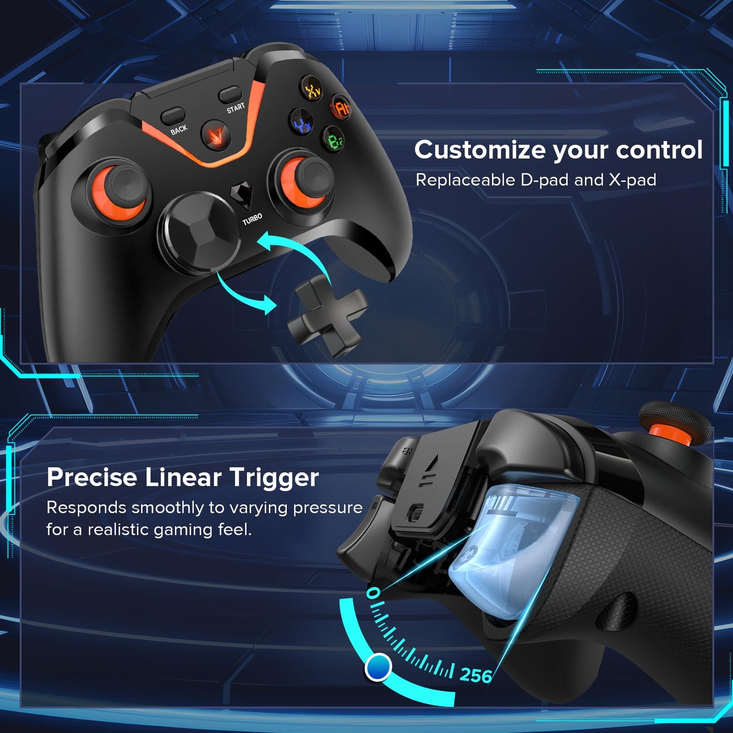 VJANW Wireless Gaming Controller for PC - Bluetooth, Wired, 6-Axis Motion, 2-Motor Vibration, Ergonomic, Black, Model G10