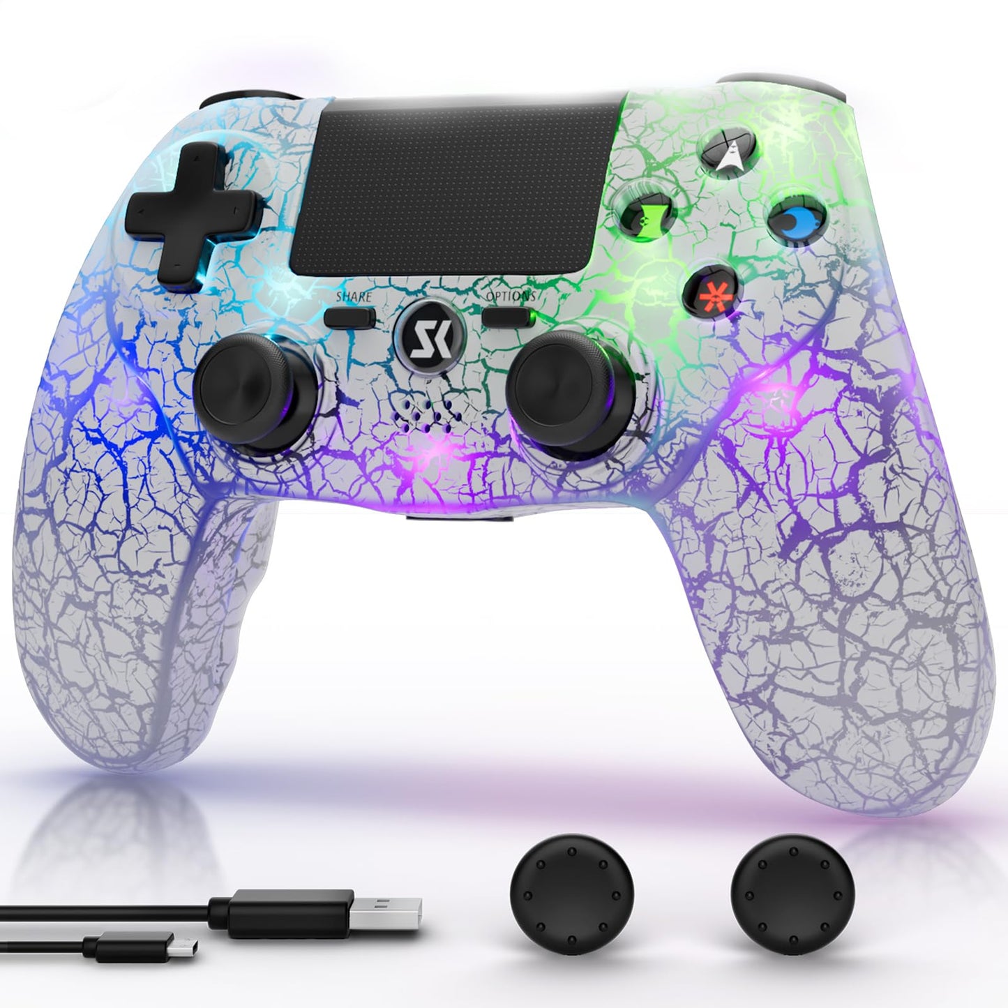 CHENGDAO Wireless Controller for PS4 - RGB Light, 1000mAh Battery, 6-Axis Motion, White, 1 Pack