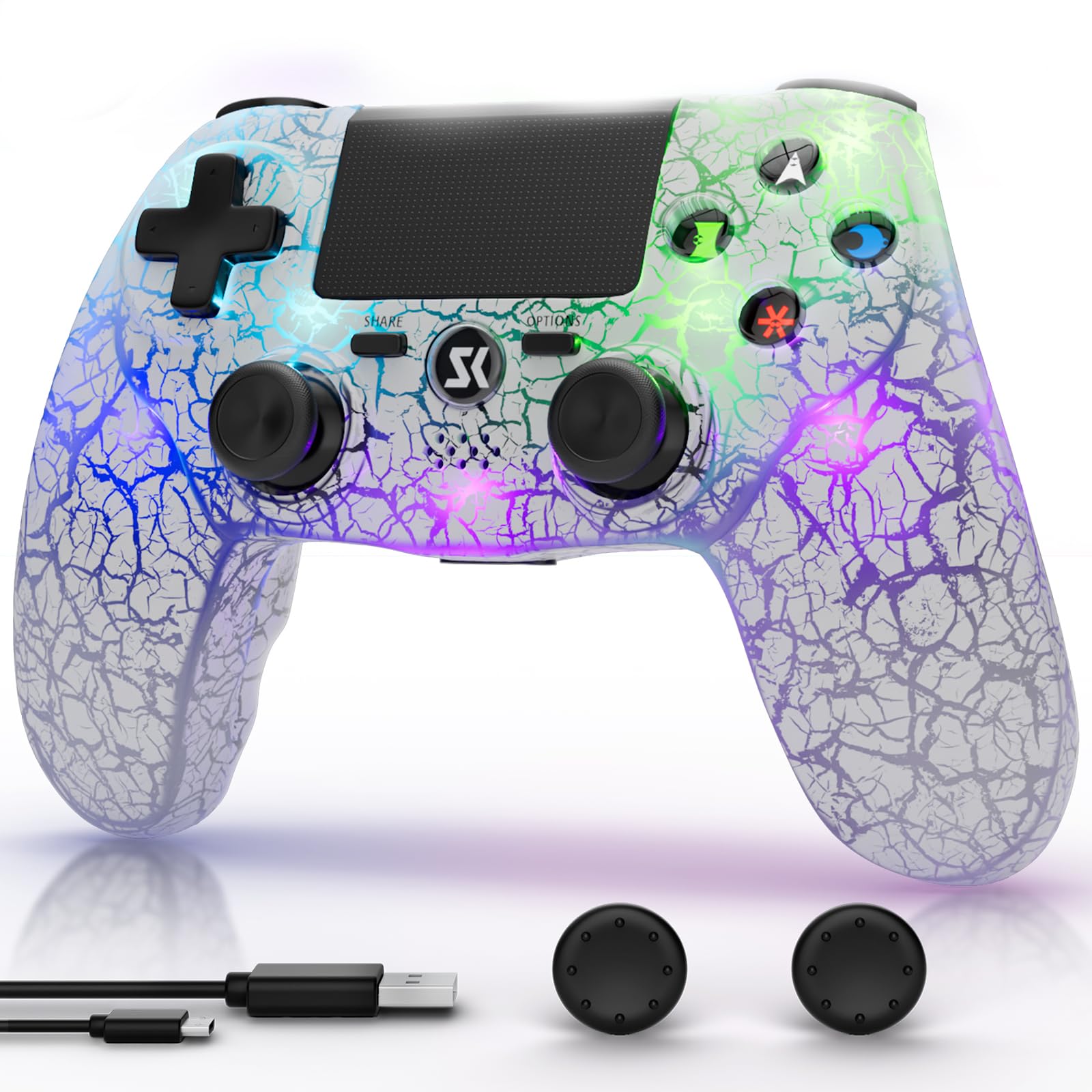 CHENGDAO Wireless Controller for PS4 - RGB Light, 1000mAh Battery, 6-Axis Motion, White, 1 Pack