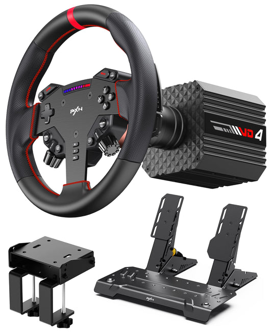 PXN VD4 Direct Drive Racing Wheel Bundle - 4Nm Servo Motor Base, 11  in Steering Wheel with Quick Release, Hall Effect Pedals, T