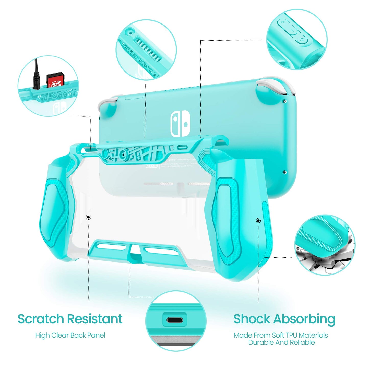 LEYU SMART Switch Lite Protective Case, Ergonomic TPU+PC, Teal, Includes HD Screen Protector & Thumb Grip Caps, N.Switch Lite