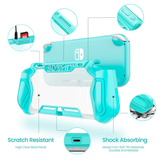 LEYU SMART Switch Lite Protective Case, Ergonomic TPU+PC, Teal, Includes HD Screen Protector & Thumb Grip Caps, N.Switch Lite