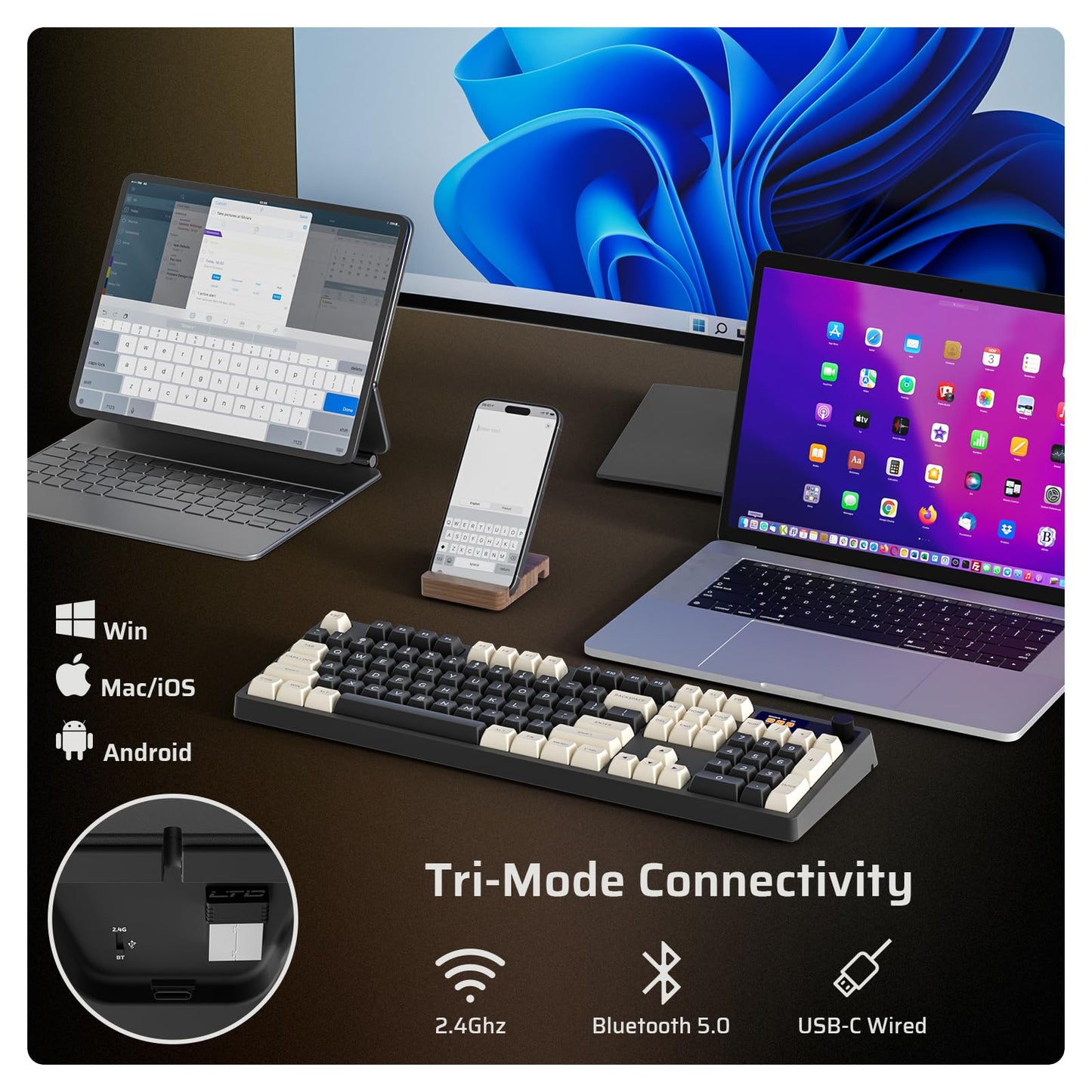 LTC NB-1041 Pro Wireless Mechanical Keyboard, 2.4GHz/BT/USB-C, RGB, Red Switch, Eclipse Black, Hot Swappable, 104 Keys