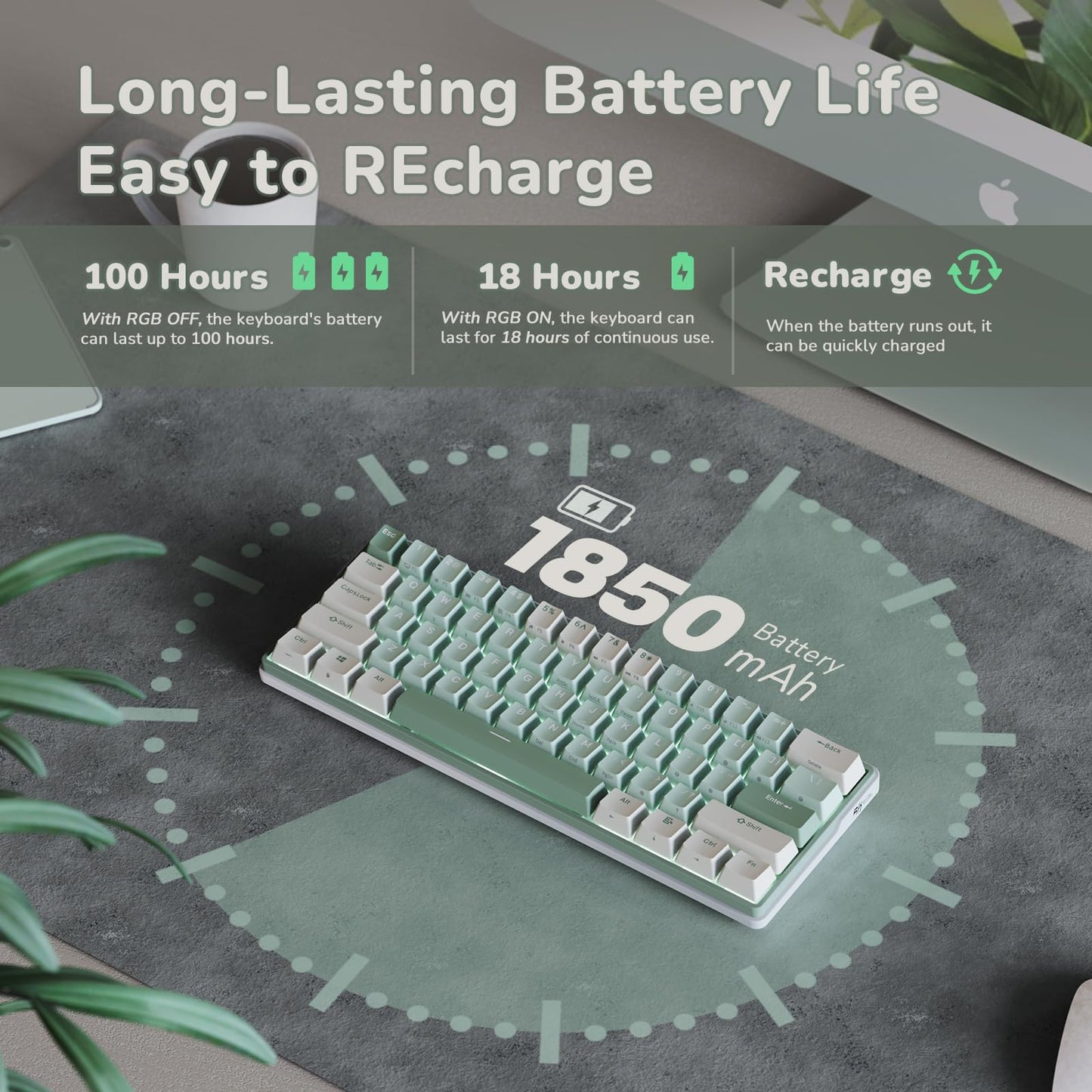 RK ROYAL KLUDGE RK61 Plus 60% Wireless Mechanical Keyboard, Tactile Pale Green Switches, RGB, USB Hub, Bluetooth/2.4Ghz for PC/Mac/