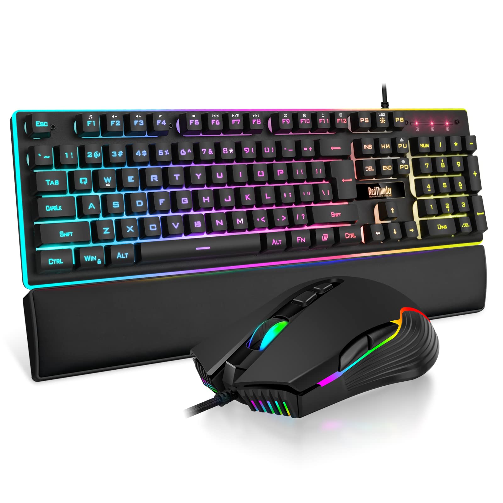 RedThunder K10 Wired Gaming Keyboard and Mouse and Wrist Rest Combo  RGB Backlit  Mechanical Feel Anti-ghosting Keyboard + 7D 7200 DPI Mice+Soft Leather Wrist Rest 3 in 1 PC Gamer Accessories(Black)