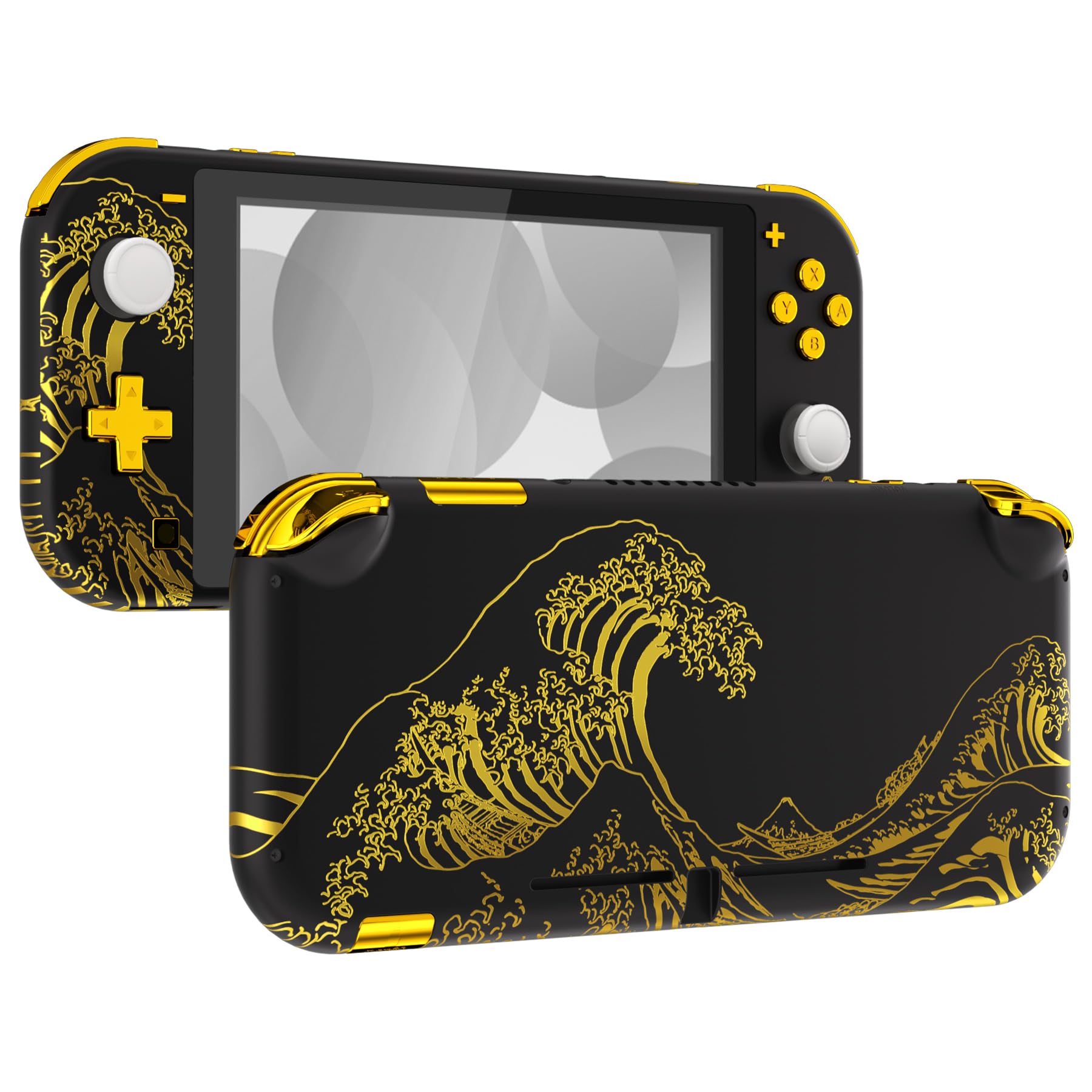 eXtremeRate DIY Replacement Shell for Nintendo Switch Lite, The Great Golden Wave Off Kanagawa - Black NSL Handheld Controller H