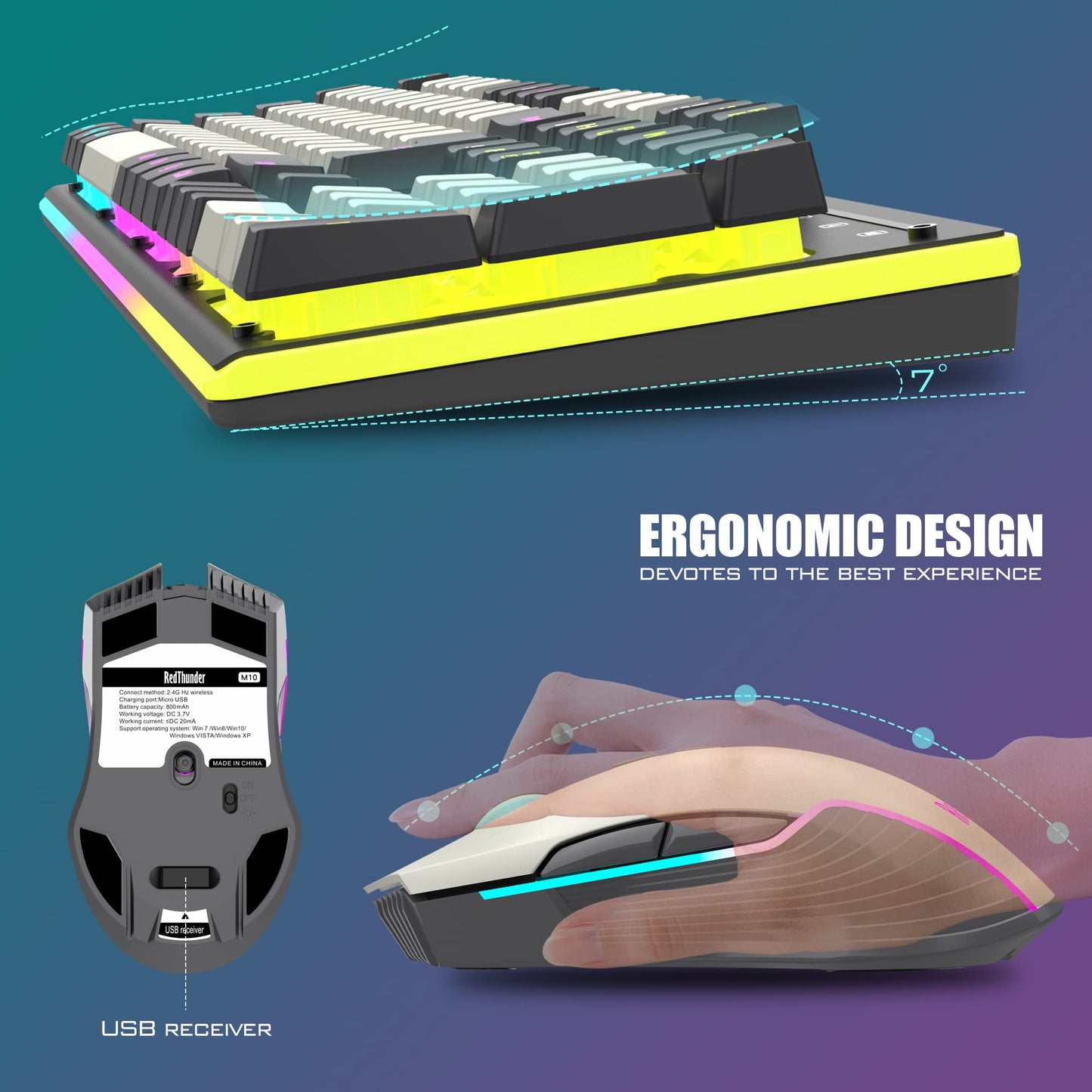 RedThunder K10 Wireless Gaming Keyboard & Mouse Combo, LED Backlit, 3200DPI, Rechargeable, White-Gray