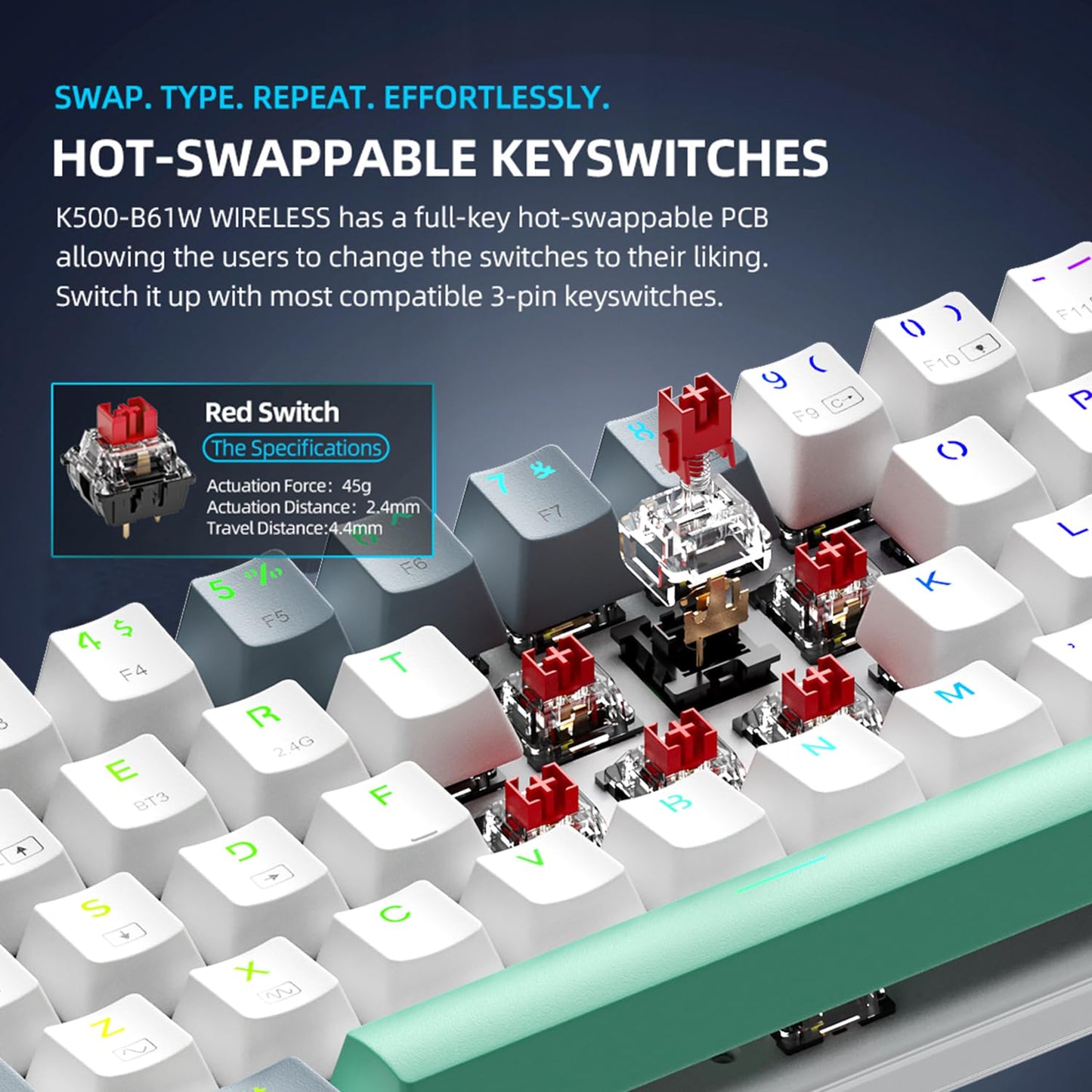 Machenike K500A-B61W Wireless Mechanical Gaming Keyboard, 61 Keys, Hot Swappable Red Switch, RGB Backlit, White
