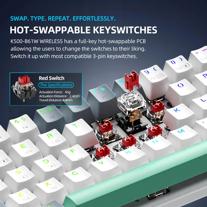 Machenike K500A-B61W Wireless Mechanical Gaming Keyboard, 61 Keys, Hot Swappable Red Switch, RGB Backlit, White
