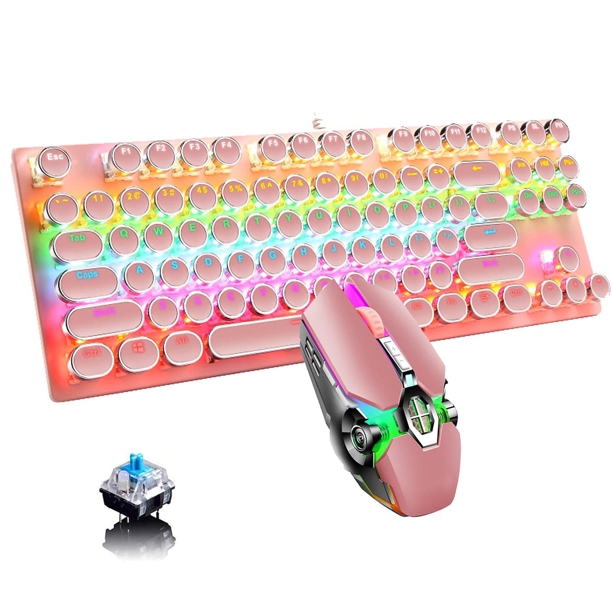 Mechanical Gaming Keyboard and Mouse Combo  87 Key Retro Punk Typewriter-Style Blue Switch RGB Rainbow Backlit Keyboard Cool Breathing Light Lightweight Gaming Mouse for Game and Office Pink
