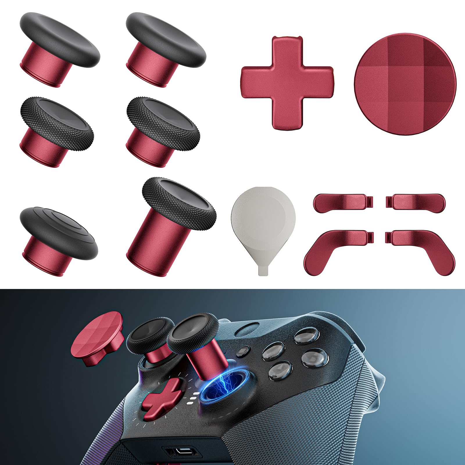 14-in-1 Controller Accessories Kit Compatible with Xbox Elite Series 2  6 Premium Metal Thumbsticks  Swap Joysticks  4 Interchangeable Paddles  2 D-Pads  1 Tool & 1 Storage Bag (Red)