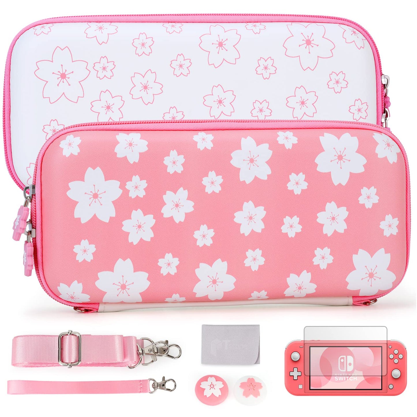 Tscope cute carrying case for Nintendo Switch Lite  Pink Sakura Portable Hard Shell girls Travel Storage Bag  with glass Screen Protector & Thumb grip caps (Switch Lite Pink)