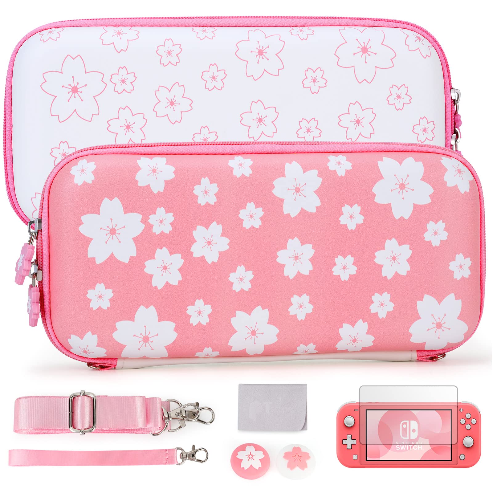 Tscope cute carrying case for Nintendo Switch Lite  Pink Sakura Portable Hard Shell girls Travel Storage Bag  with glass Screen Protector & Thumb grip caps (Switch Lite Pink)