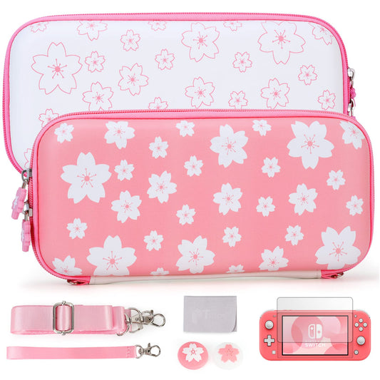 Tscope cute carrying case for Nintendo Switch Lite  Pink Sakura Portable Hard Shell girls Travel Storage Bag  with glass Screen Protector & Thumb grip caps (Switch Lite Pink)