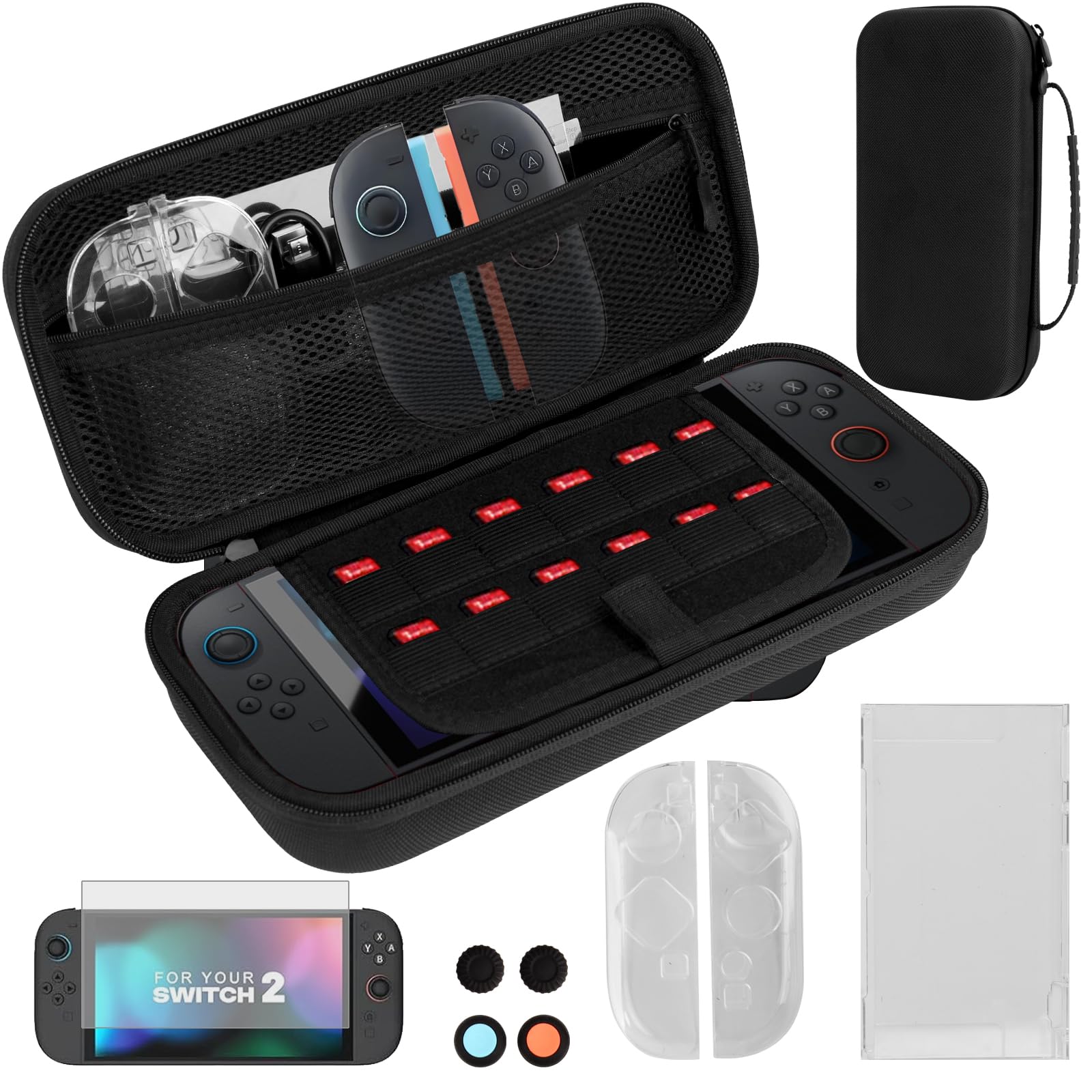 Lyvix Switch 2 Carrying Case Accessories Bundle for Nintendo Switch 2(2025) - Kits with Tpartyl Case with 12 Game sections  Protective Cover  Tempered Glass Screen Protector  USB Cable  4 Thumb Grip Caps & Joycon Cover