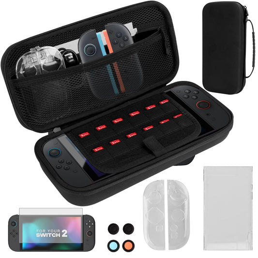 Lyvix Switch 2 Carrying Case Accessories Bundle for Nintendo Switch 2(2025) - Kits with Tpartyl Case with 12 Game sections  Protective Cover  Tempered Glass Screen Protector  USB Cable  4 Thumb Grip Caps & Joycon Cover
